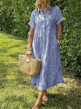 Summer Striped Midi Shirt Casual Loose Short Sleeve Button Down Dress in Blue